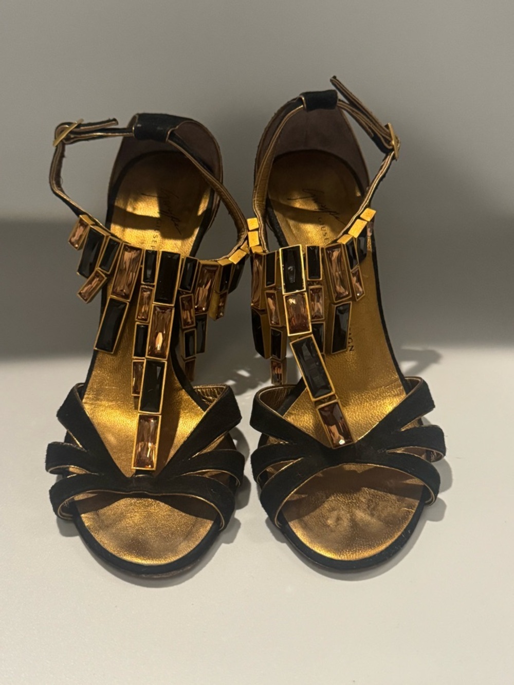 Giuseppe Zanotti Black Suede Heels w/  Swarovski Crystal &Metallic Gold Leather
